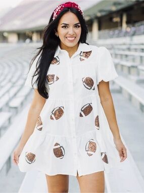 Peach Love California White Mini Dress with Brown Sequin Footballs